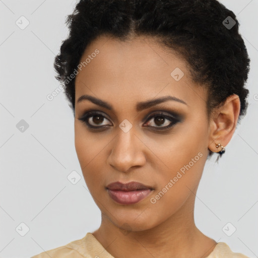 Joyful latino young-adult female with short  brown hair and brown eyes