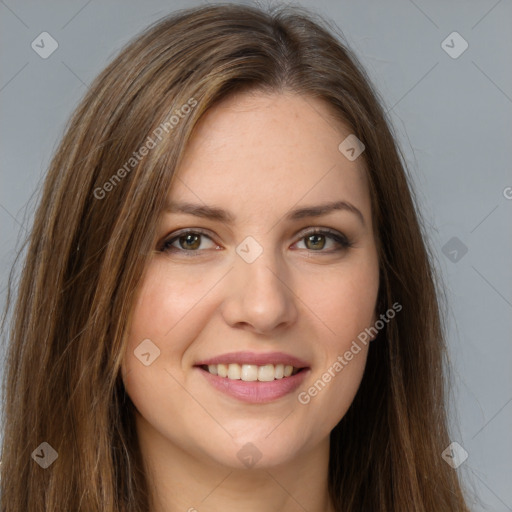 Joyful white young-adult female with long  brown hair and green eyes