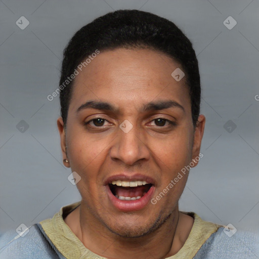 Joyful white young-adult male with short  black hair and brown eyes