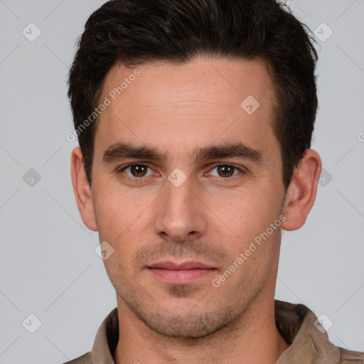 Neutral white young-adult male with short  brown hair and brown eyes