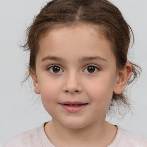 Joyful white child female with medium  brown hair and brown eyes