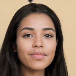 Neutral asian young-adult female with long  black hair and brown eyes