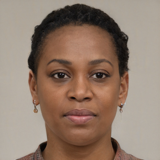 Joyful black young-adult female with short  brown hair and brown eyes