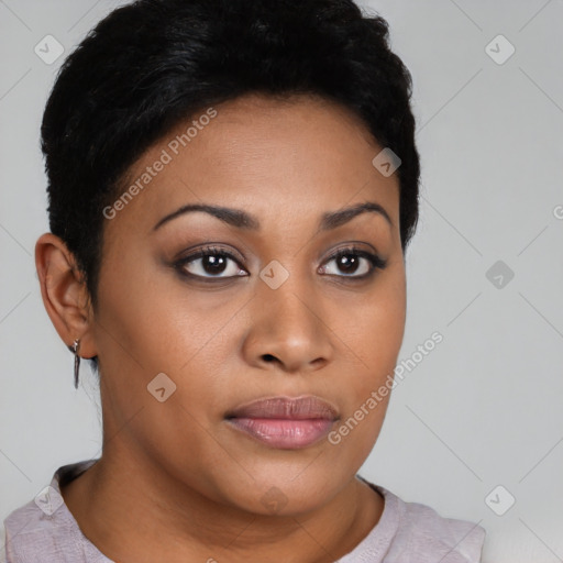 Joyful latino young-adult female with short  black hair and brown eyes