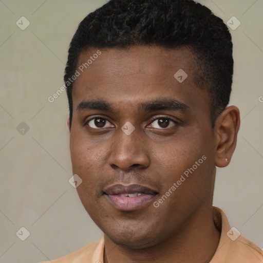Joyful black young-adult male with short  black hair and brown eyes