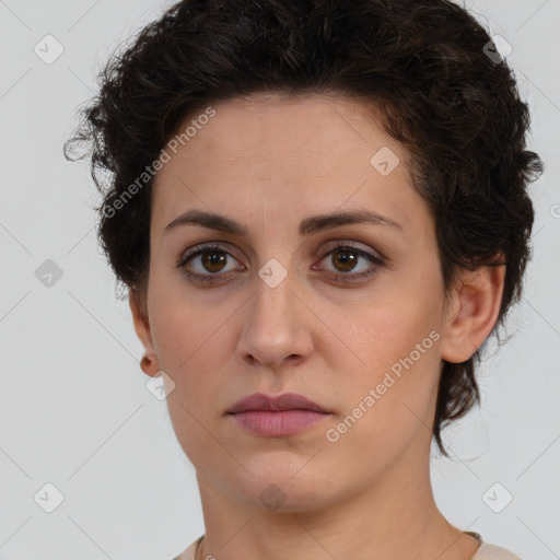 Neutral white young-adult female with short  brown hair and brown eyes