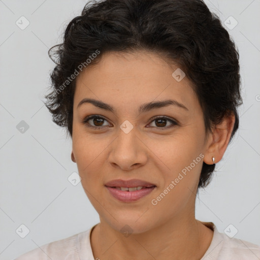 Joyful latino young-adult female with short  brown hair and brown eyes