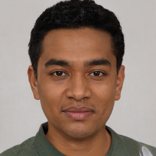Neutral black young-adult male with short  black hair and brown eyes