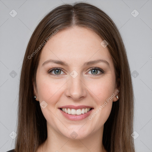 Joyful white young-adult female with long  brown hair and grey eyes