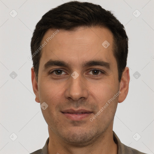 Joyful white young-adult male with short  brown hair and brown eyes