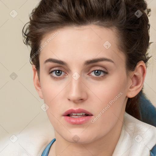 Neutral white young-adult female with short  brown hair and brown eyes