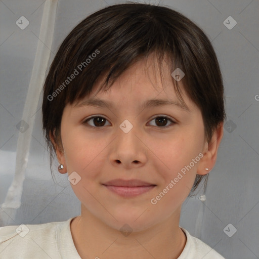 Joyful white child female with medium  brown hair and brown eyes