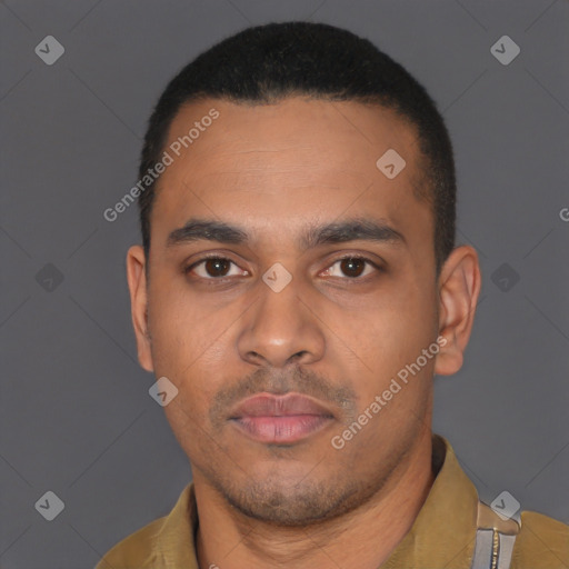 Neutral latino young-adult male with short  black hair and brown eyes