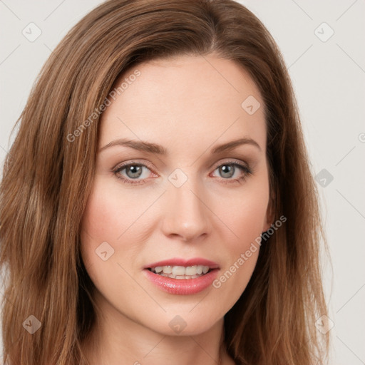 Joyful white young-adult female with long  brown hair and grey eyes