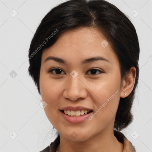 Joyful white young-adult female with medium  brown hair and brown eyes