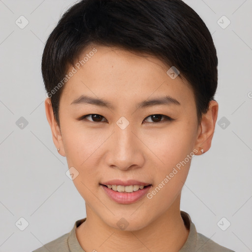 Joyful asian young-adult female with short  brown hair and brown eyes