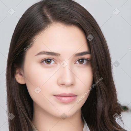 Neutral white young-adult female with long  brown hair and brown eyes