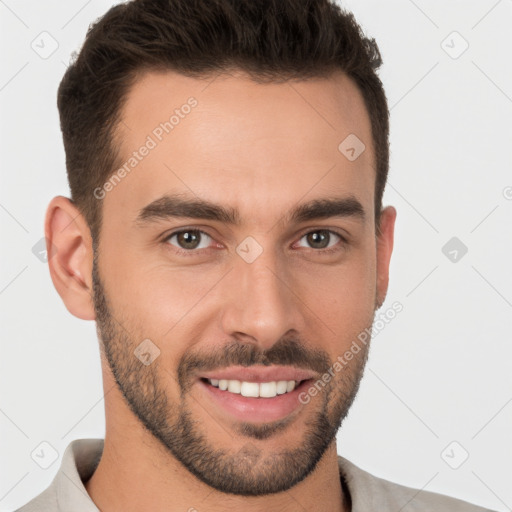 Joyful white young-adult male with short  brown hair and brown eyes