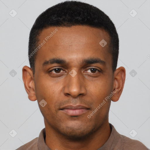 Neutral latino young-adult male with short  black hair and brown eyes