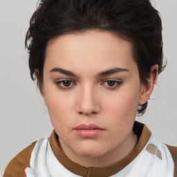 Neutral white young-adult female with short  brown hair and brown eyes