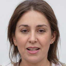 Joyful white adult female with medium  brown hair and grey eyes