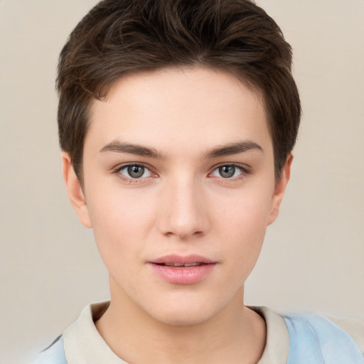 Neutral white young-adult female with short  brown hair and brown eyes