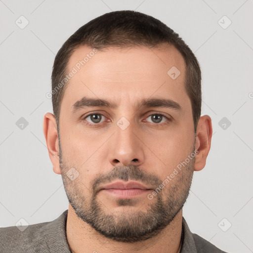 Neutral white young-adult male with short  brown hair and brown eyes