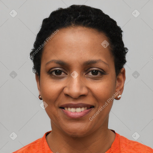 Joyful latino young-adult female with short  black hair and brown eyes