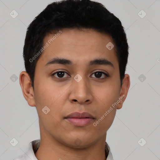 Neutral latino young-adult male with short  brown hair and brown eyes