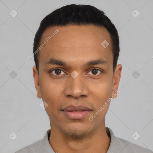 Neutral black young-adult male with short  black hair and brown eyes