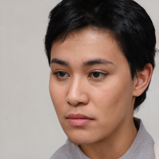 Neutral asian young-adult female with short  black hair and brown eyes