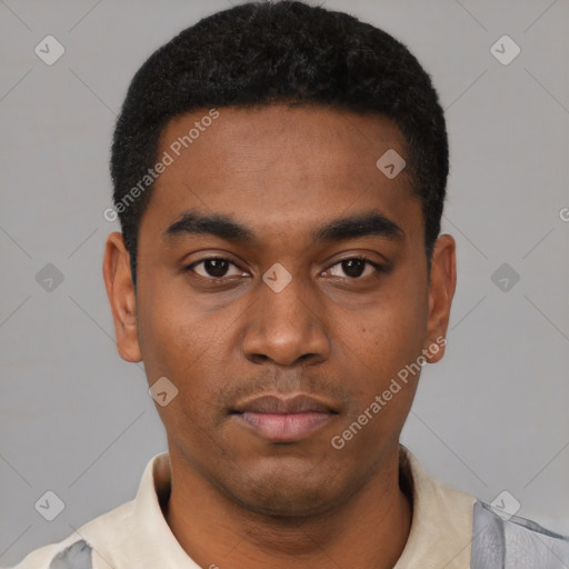 Neutral latino young-adult male with short  black hair and brown eyes