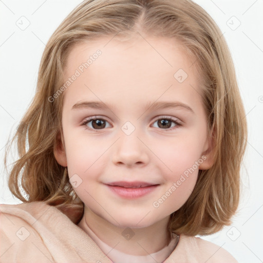 Joyful white child female with medium  brown hair and blue eyes