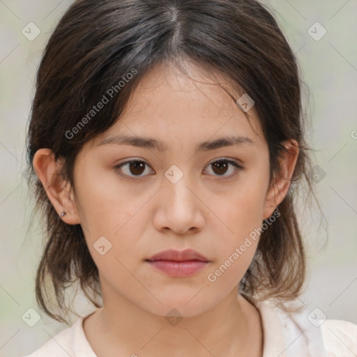 Neutral white young-adult female with medium  brown hair and brown eyes