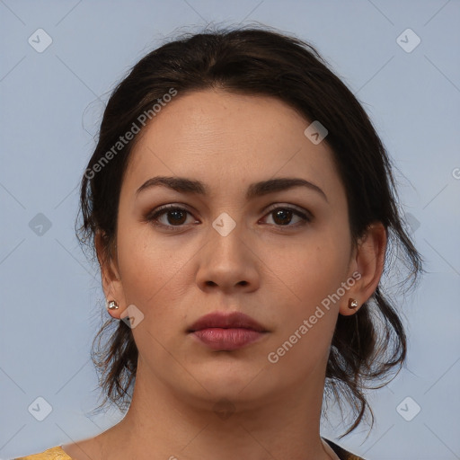 Neutral white young-adult female with medium  brown hair and brown eyes