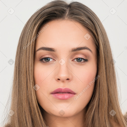 Neutral white young-adult female with long  brown hair and brown eyes