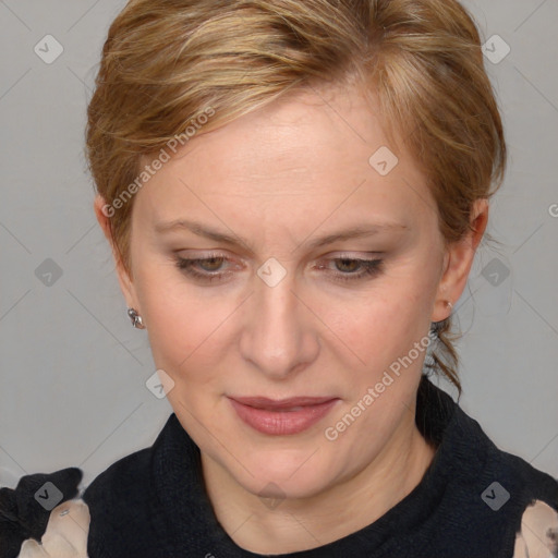 Joyful white adult female with medium  brown hair and blue eyes