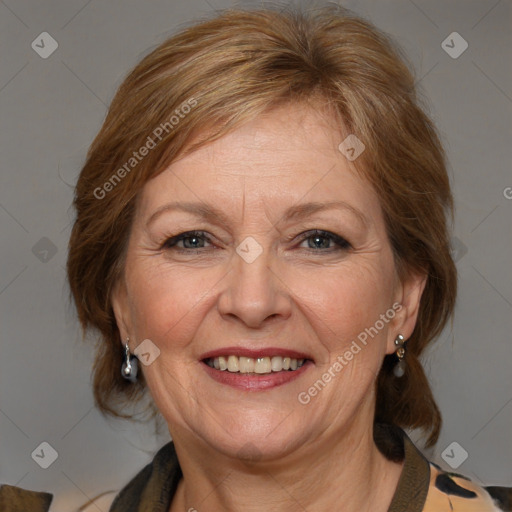 Joyful white adult female with medium  brown hair and blue eyes