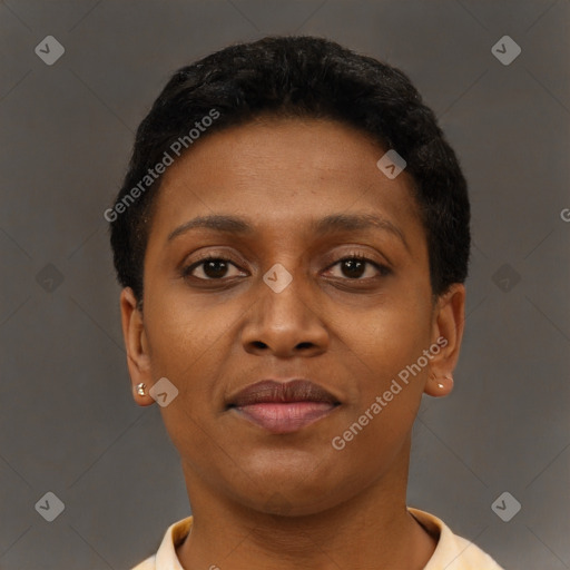 Joyful black young-adult female with short  brown hair and brown eyes