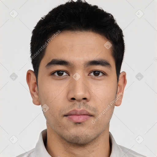 Neutral asian young-adult male with short  black hair and brown eyes