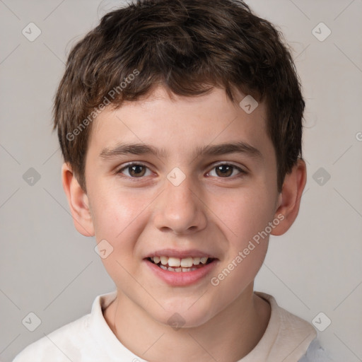 Joyful white child male with short  brown hair and brown eyes