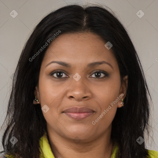 Joyful black young-adult female with long  brown hair and brown eyes