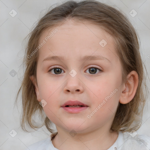 Neutral white child female with medium  brown hair and blue eyes