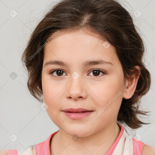 Joyful white child female with medium  brown hair and brown eyes