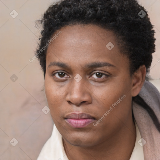 Neutral black young-adult female with short  brown hair and brown eyes