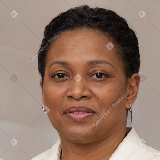 Joyful black adult female with short  brown hair and brown eyes