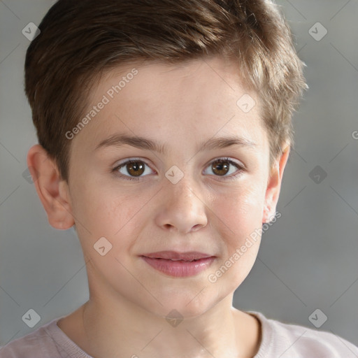 Joyful white child male with short  brown hair and brown eyes