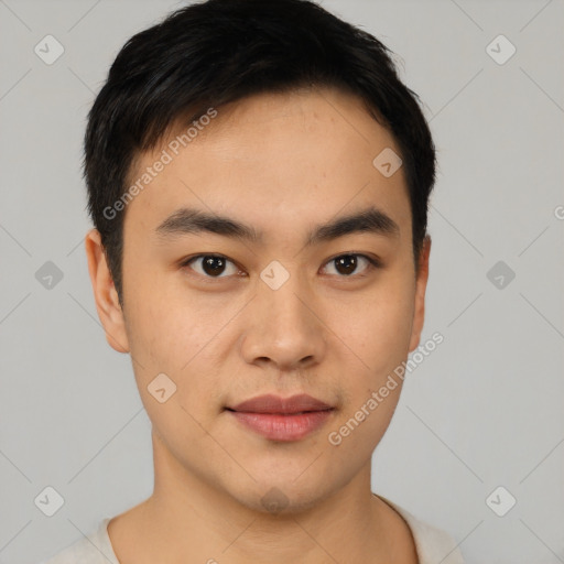 Neutral asian young-adult male with short  black hair and brown eyes