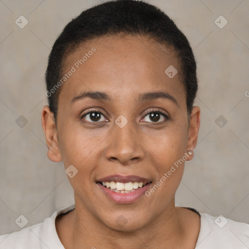 Joyful latino young-adult female with short  brown hair and brown eyes