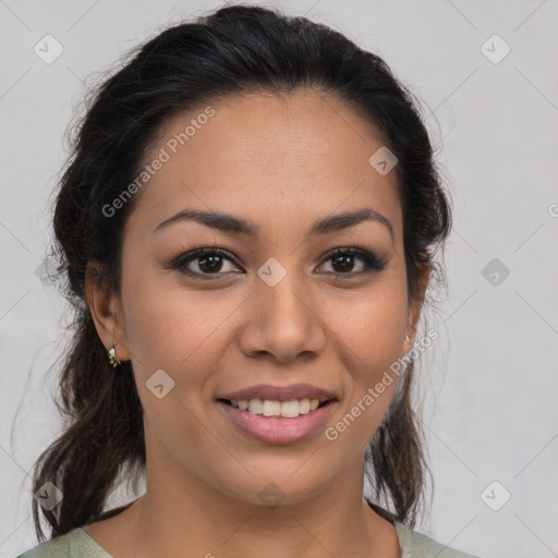 Joyful latino young-adult female with medium  brown hair and brown eyes